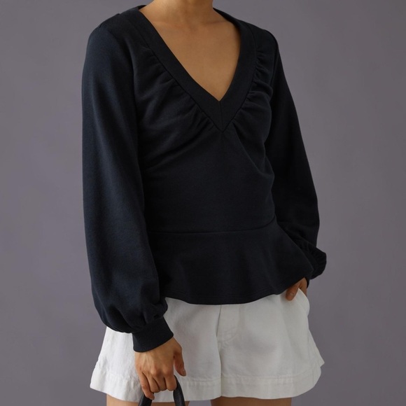 MAEVE Black V-Neck Ruched Sweatshirt with Peplum Hem puff sleeve Size Small - Picture 1 of 10